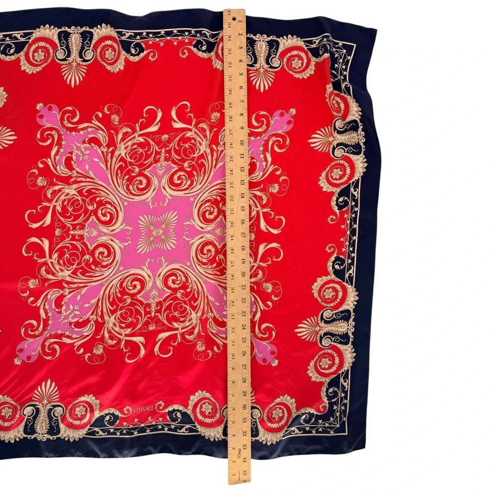 Versace Silk Scarf Red Navy Baroque Filigree Ornate Square 34